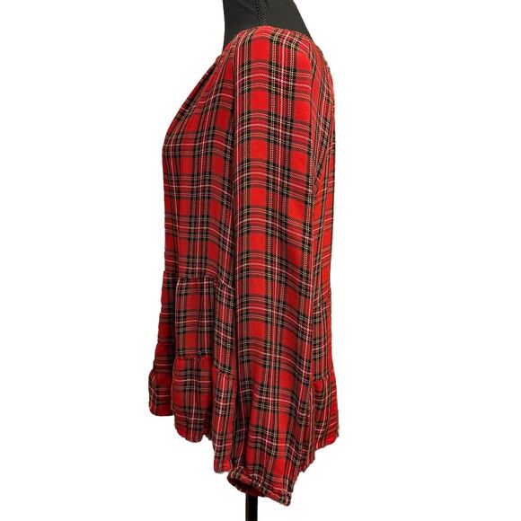 J Jill Blouse Small Red Plaid Tiered Long Sleeve Academia Holiday Lightweight - Picture 4 of 7